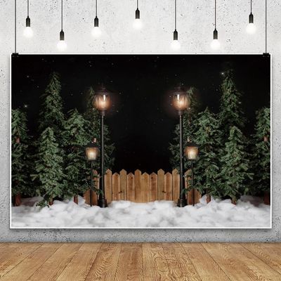 10x5ft Vinyl XMJJKUF Winter Night Backdrop Snow Christmas Pine Trees Forest Street Light Starry Sky Background New Year Holiday Party Decorations Photo Shoot Props