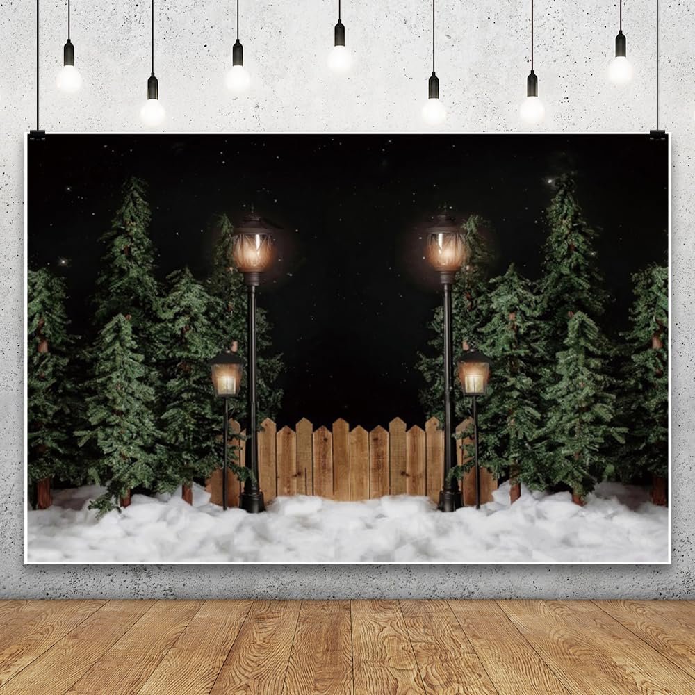 10x5ft Vinyl XMJJKUF Winter Night Backdrop Snow Christmas Pine Trees Forest Street Light Starry Sky Background New Year Holiday Party Decorations Photo Shoot Props