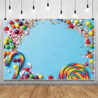 10x7ft Vinyl XMJJKUF Merry Christmas Backdrop Lollipop Candy Cane Chocolate Blue Background Kids Birthday Cake Dessert Table Decoration Banner Photo Studio Props