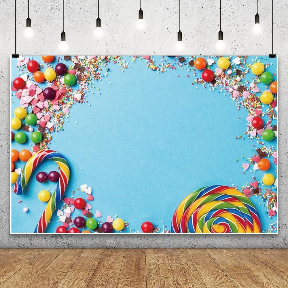 10x7ft Vinyl XMJJKUF Merry Christmas Backdrop Lollipop Candy Cane Chocolate Blue Background Kids Birthday Cake Dessert Table Decoration Banner Photo Studio Props