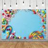 10x7ft Vinyl XMJJKUF Merry Christmas Backdrop Lollipop Candy Cane Chocolate Blue Background Kids Birthday Cake Dessert Table Decoration Banner Photo Studio Props view 1