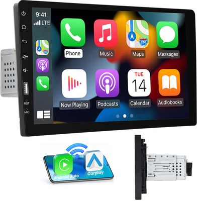 9 Inch Single Din Car Stereo Wireless Carplay Android Auto, 1 Din Touch Screen Car Radio FM AM Audio Receiver with Bluetooth EQ SWC Mirror Link, Backup Camera Mic