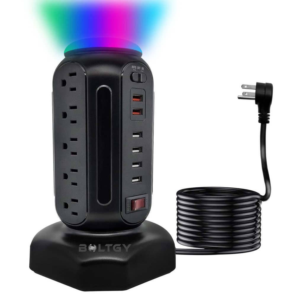 BOLTGY Flat Plug Total Fast Charging Station, Protector with 15 AC Outlets and 6 USB Ports (2 Fast Charge), Tower Surge Protector Power Strip, 6.5FT Extension Cord for Home Office Dorm Room.