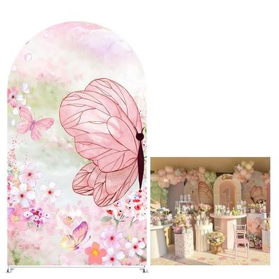 Aerdce Pink Butterfly Arched Background Fabric Covers Spring Pink Floral Arch Backdrop Stand Cover for Butterfly Kisses Party Decorations Props(Only Cover)