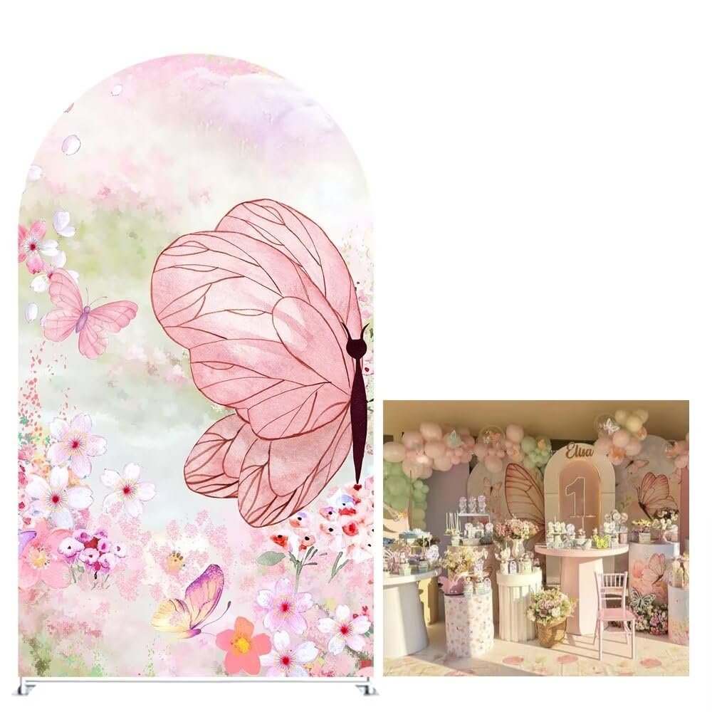 Aerdce Pink Butterfly Arched Background Fabric Covers Spring Pink Floral Arch Backdrop Stand Cover for Butterfly Kisses Party Decorations Props(Only Cover)