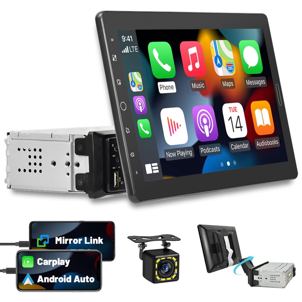 10.1 Inch Single Din Car Stereo Carplay, Removable Touch Screen Car Radio Android Auto, Detachable Screen 1 Din Head Unit Bluetooth Hands-Free Call, FM Audio Receiver with Mirror Link, Backup Camera