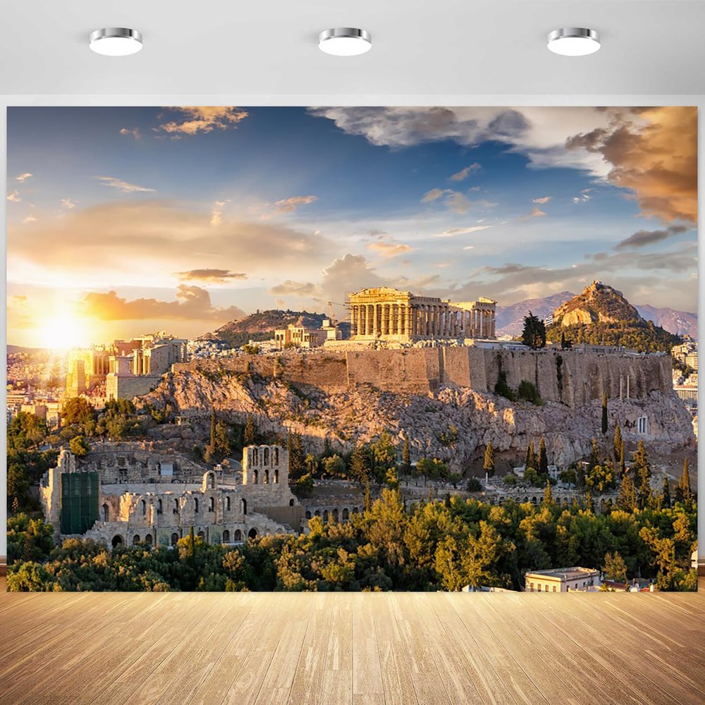 12x8ft Greek Backdrop Athens Cityscape Sunset Ancient Greece Parthenon Temple Ruin Building Photography Background Greek Party Decorations Mythology Birthday Party Photo Studio Props