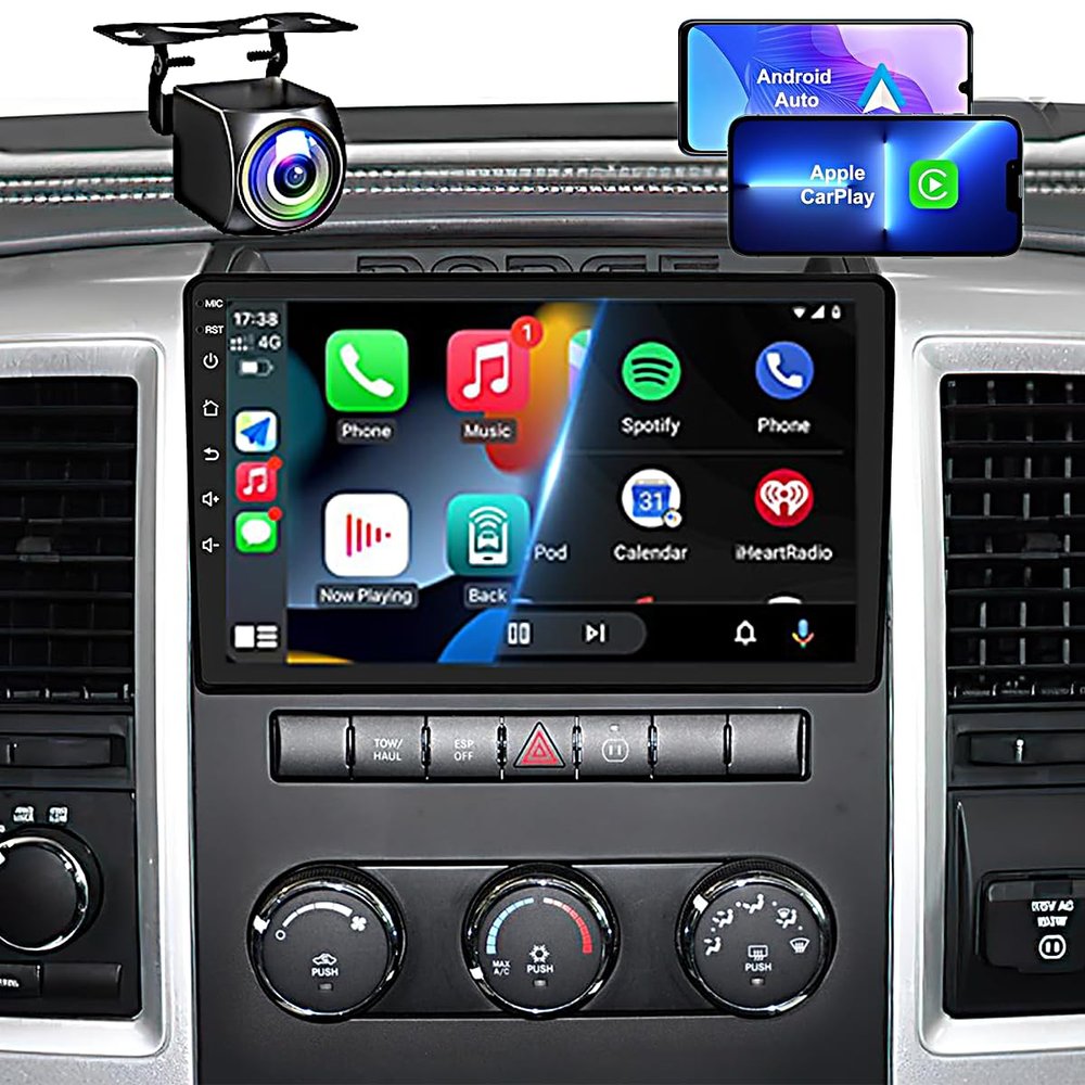 4GB+64GB, QLED, Customize Desktop Car Stereo Radio Upgrade for Dodge RAM 1500 2500 3500 for 2009 2010 2011 2012,Android Stereo Replacement,Build in Wireless carplay Wired Android Auto,Free Camera