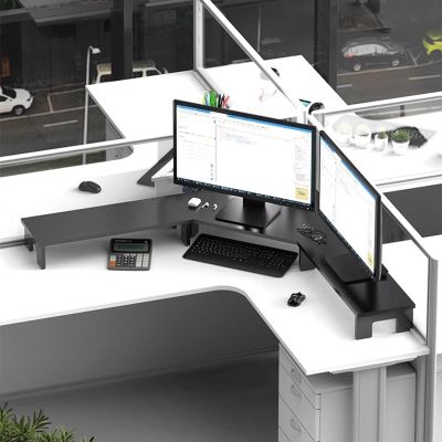Large Computer Monitor Stand for 3 Monitors, Corner Desk Monitor Riser Ergonomic, Sturdy Wood Computer Screen Shelf for Office Supplies, Notebook, Plants, Cups(Black,11cm (4 3/8in))
