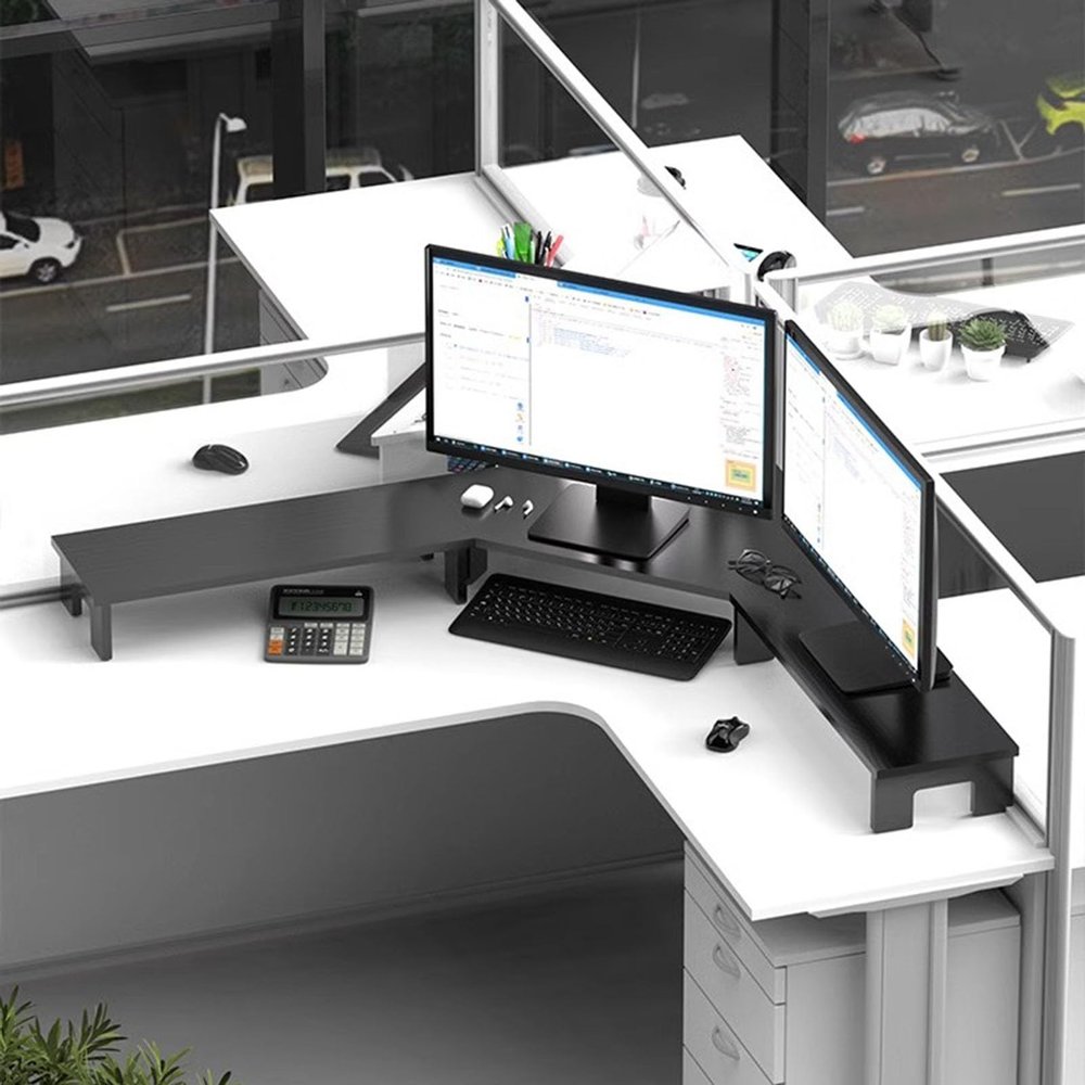 Large Computer Monitor Stand for 3 Monitors, Corner Desk Monitor Riser Ergonomic, Sturdy Wood Computer Screen Shelf for Office Supplies, Notebook, Plants, Cups(Black,11cm (4 3/8in))