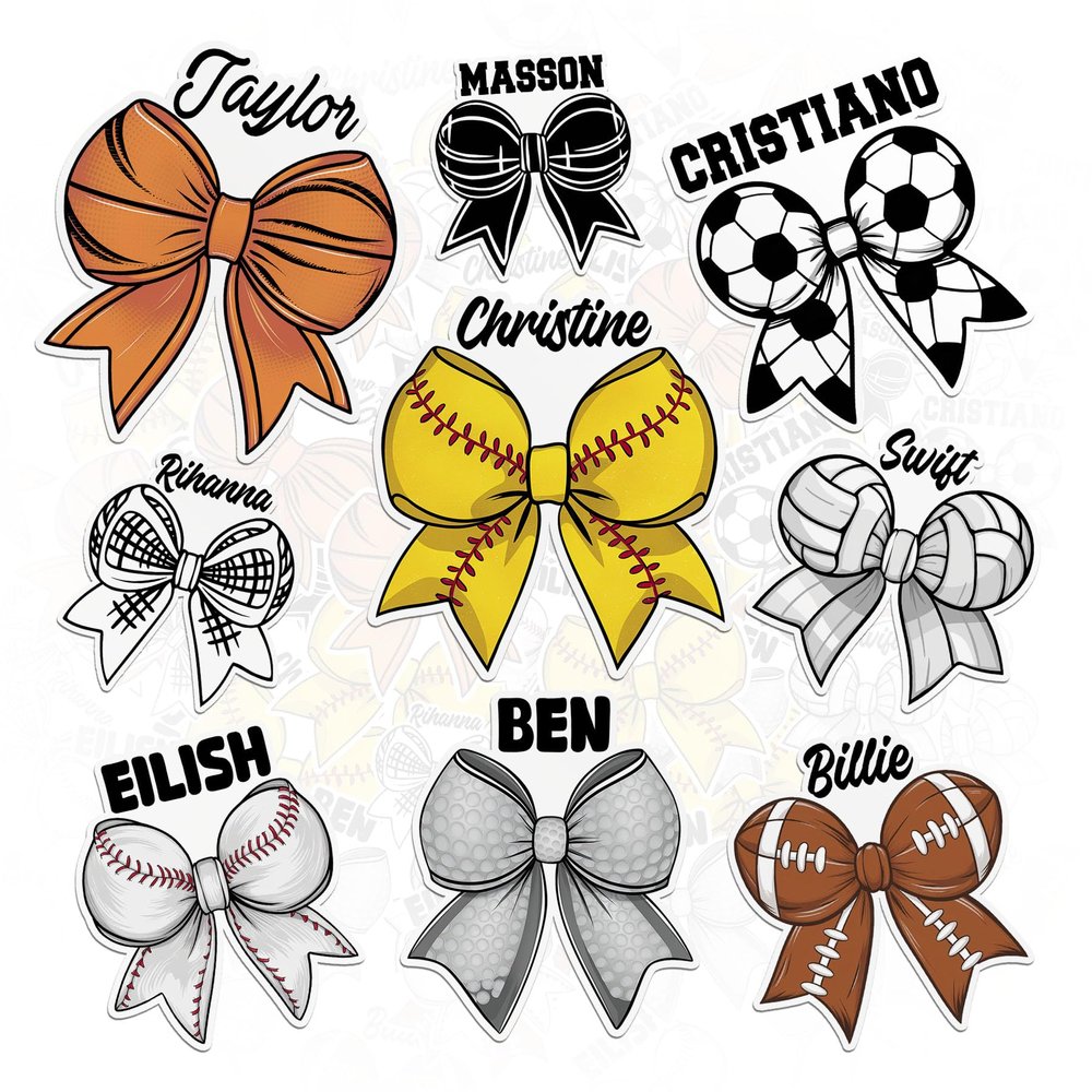 Custom Bow Sticker Coquette Bow Personalized Name Sport Fan Sticker Baseball Soccer Softball Volleyball Basketball Hockey Golf Pickleball Bow Waterproof Vinyl Sticker for Water Bottle, Laptop, Gifts