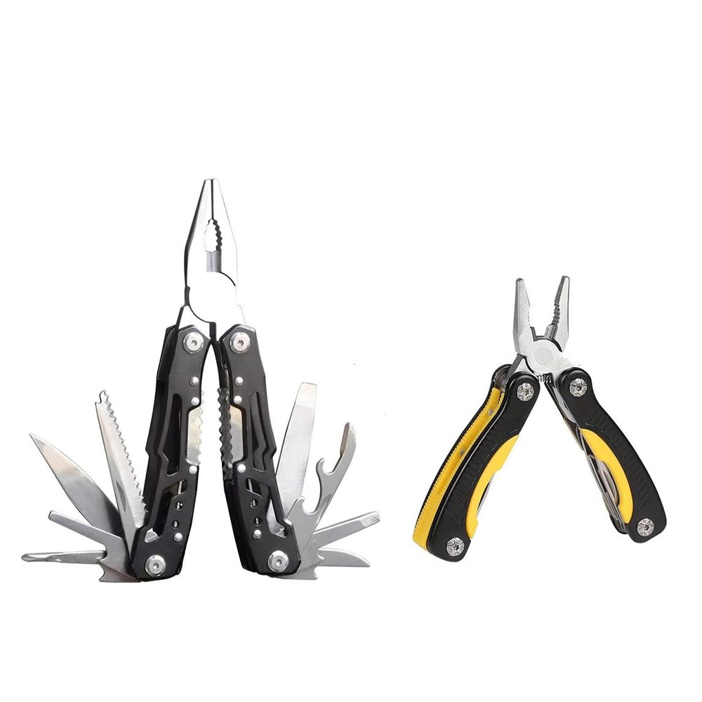 LIUZHANGYU 2Pcs,14-In-1 Multitool with Safety Locking, Professional Stainless Steel Multitool Pliers Pocket Knife, Bottle Opener, Screwdriver with Nylon Sheath (Multi-purpose pliers(Black&Yellow))
