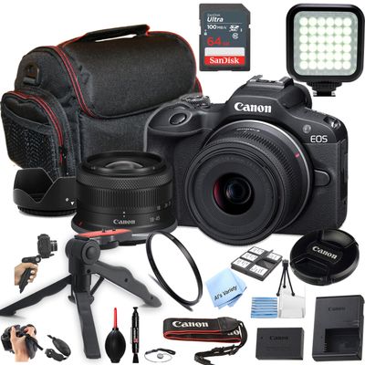 Canon EOS R100 24.2MP APS-C CMOS Sensor Mirrorless Camera with 18-45mm Lens + Case + 64GB Ultra Memory Card + LED Video Light + Filter + More (Essential Bundle) (Renewed), Black
