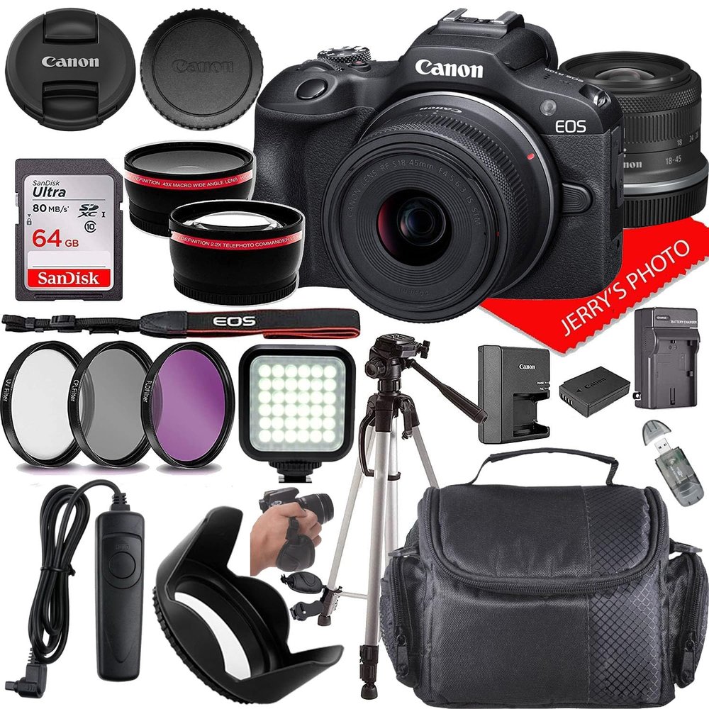 Canon EOS R100 Mirrorless Camera w/Canon RF-S 18-45mm f/4.5-6.3 IS STM Lens + Case + 64GB Memory (22pc Bundle) (Renewed)