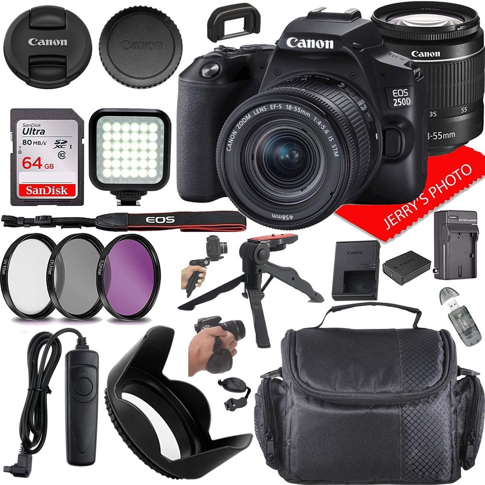 Canon EOS 250D (Rebel SL3) DSLR Camera w/Canon EF-S 18-55mm f/4-5.6 IS STM Lens + Case + 64GB Memory (19pc Bundle) (Renewed)