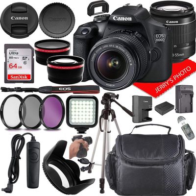 Canon EOS 2000D (Rebel T7) DSLR Camera w/Canon EF-S 18-55mm F/3.5-5.6 DC III Zoom Lens + Case + 64GB Memory (22pc Bundle) (Renewed)