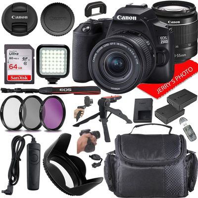 Canon EOS 250D (Rebel SL3) DSLR Camera w/Canon EF-S 18-55mm f/4-5.6 IS STM Lens + Case + Extra Battery + 64GB Memory (19pc Bundle) (Renewed)