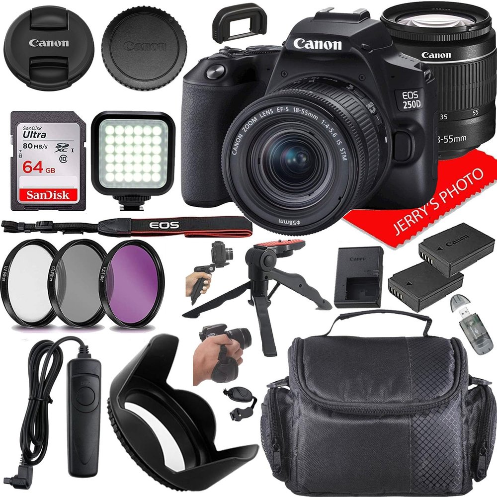 Canon EOS 250D (Rebel SL3) DSLR Camera w/Canon EF-S 18-55mm f/4-5.6 IS STM Lens + Case + Extra Battery + 64GB Memory (19pc Bundle) (Renewed)