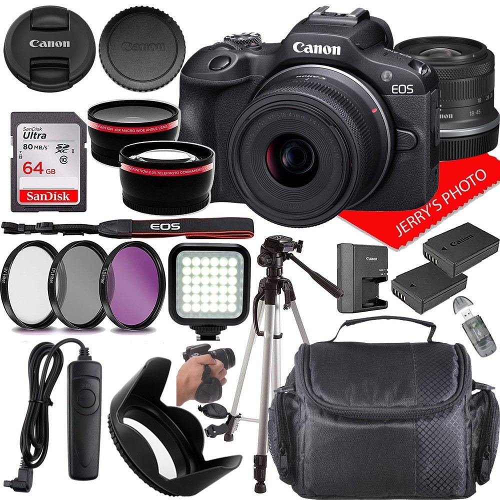 Canon EOS R100 Mirrorless Camera w/Canon RF-S 18-45mm f/4.5-6.3 IS STM Lens + Extra Battery + Case + 64GB Memory (22pc Bundle) (Renewed)