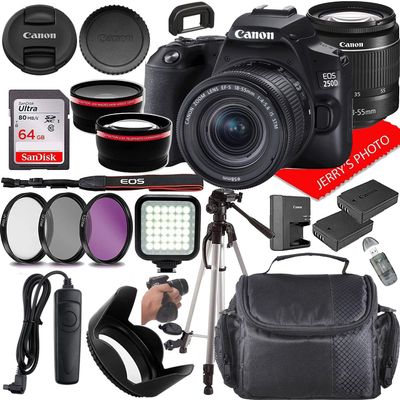 Canon EOS 250D (Rebel SL3) DSLR Camera w/Canon EF-S 18-55mm f/4-5.6 IS STM Lens + Case + Extra Battery + 64GB Memory (21pc Bundle) (Renewed)