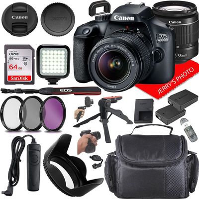 Canon EOS 4000D (Rebel T100) DSLR Camera w/Canon EF-S 18-55mm F/3.5-5.6 DC III Zoom Lens + Extra Battery + Case + 64GB Memory (19pc Bundle) (Renewed)