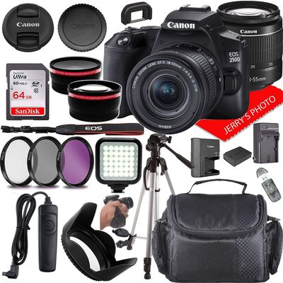Canon EOS 250D (Rebel SL3) DSLR Camera w/Canon EF-S 18-55mm f/4-5.6 IS STM Lens + Case + 64GB Memory (21pc Bundle) (Renewed)