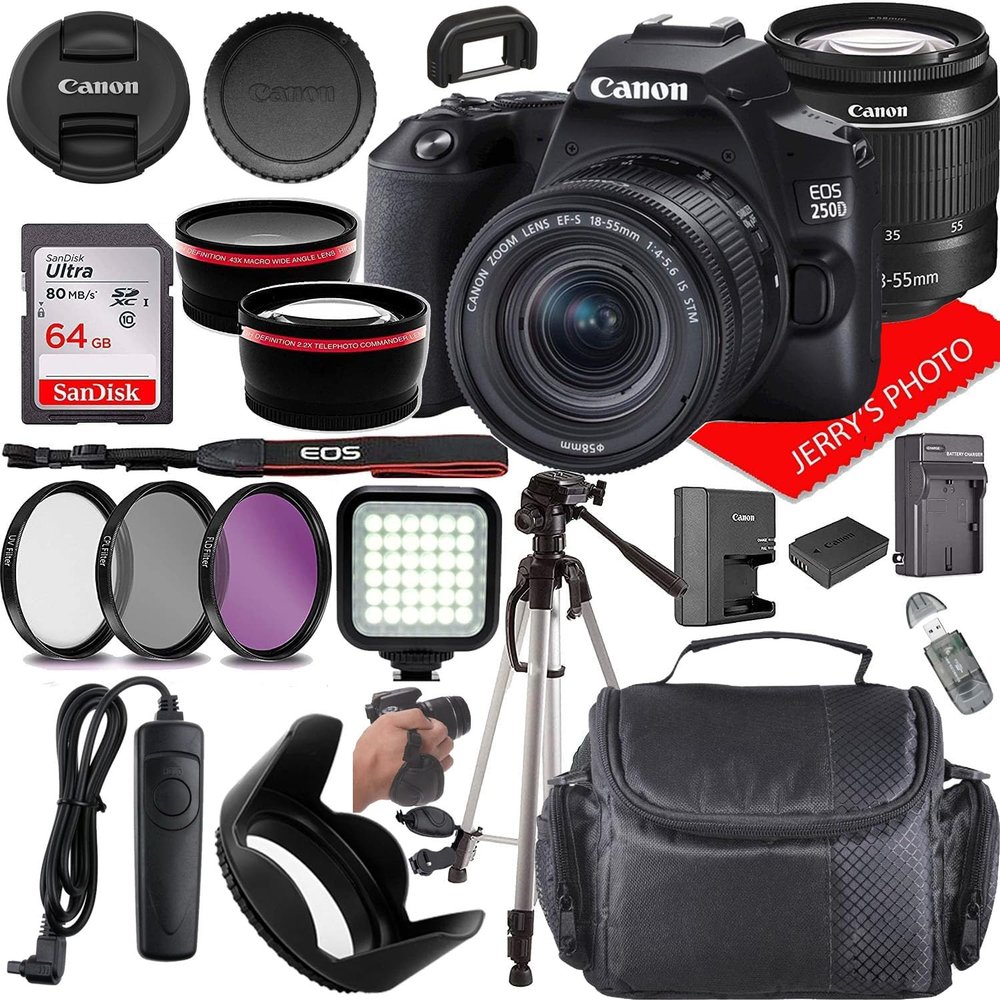 Canon EOS 250D (Rebel SL3) DSLR Camera w/Canon EF-S 18-55mm f/4-5.6 IS STM Lens + Case + 64GB Memory (21pc Bundle) (Renewed)