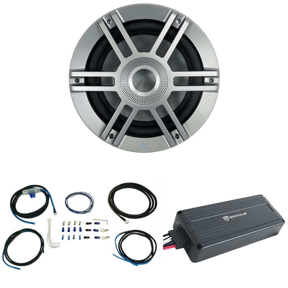 Audiosavings Bundle: (1) Infinity Marine Subwoofer w/RGB Lighting & (1) Rockville UTV/Motorcycle/ATV Amplifier IP65 Micro Powersport Amp & (1) Rockville Gauge Amp Installation Wire Kit (3 Items)