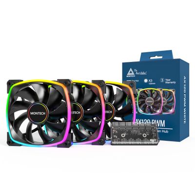 MONTECH AX 120MM - PWM Fan - Silent Performance - High Speed 1600PWM - High-End Durability with HDB Bearing - Stunning Outer Ring ARGB Lighting Design  3 in 1 Pack with 6X6 Fan Hub (AX120-3in1-B)