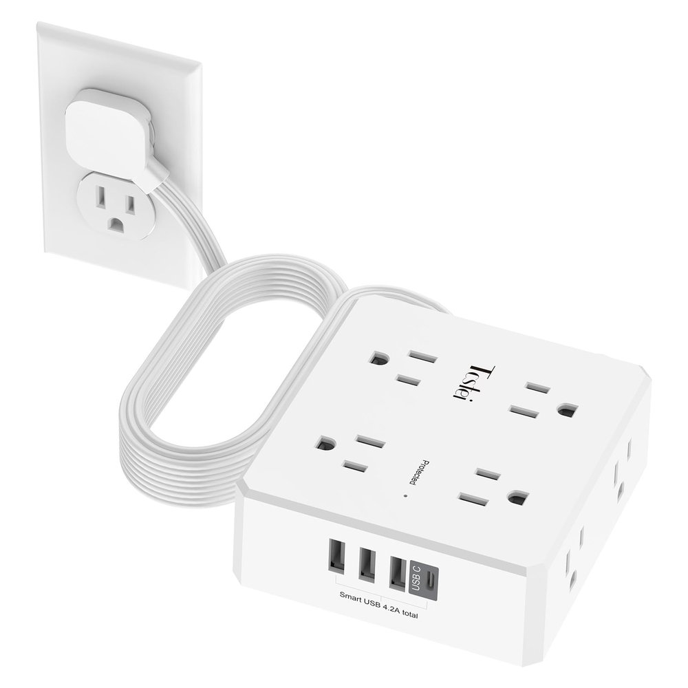 15 Ft Flat Extension Cord, Tcstei Ultra-Thin Flat Plug Surge Protector Power Strip, 3-Sided Outlet Extender, 8 AC Outlets and 4 USB Ports(1 USB C) for Home, Office, Dorm Room Essentials, White