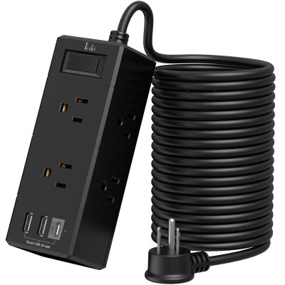 20Ft Extension Cord Flat Plug Power Strip - Tcstei 3-Side Outlet Extender with 6 AC Outlets and 3 USB Ports (1 USB C), Compact for Home, Office, Dorm Room Essentials, Black