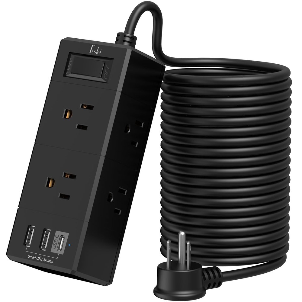 20Ft Extension Cord Flat Plug Power Strip - Tcstei 3-Side Outlet Extender with 6 AC Outlets and 3 USB Ports (1 USB C), Compact for Home, Office, Dorm Room Essentials, Black
