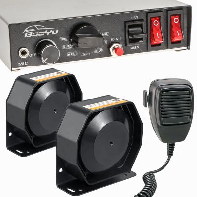 BooYu 12V 400W Police Emergency Siren for Vehicles Truck, 9 Tone Slim Speaker Horn Alarm PA System for Firefighter Ambulance [Handheld Microphone][2 x 10A Switches]