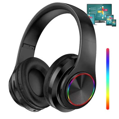 Bluetooth Headset LED, Foldable Wireless Bluetooth Headphones Over Ear, Wired HiFi Stereo Headphones with Colorful Lights Built in Mic Suitable for PC/Tablet/Phone Gaming/Exercise/Calling(Black)