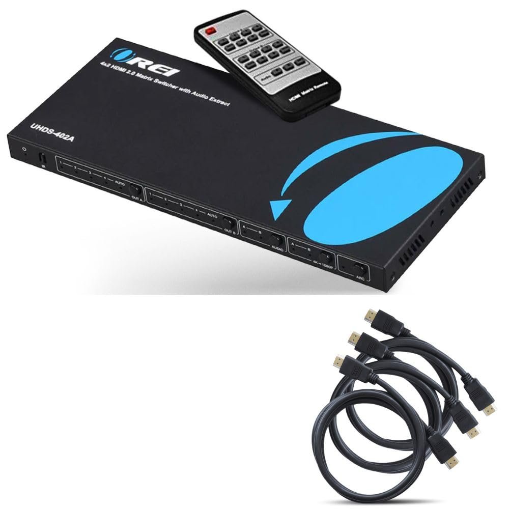 OREI 4K HDMI Matrix Switch 4 X 2 Bundle with 6-Feet HDMI Cable 4K with Ethernet | IR Audio Extractor Arc EDID HDCP 2.- Remote Control