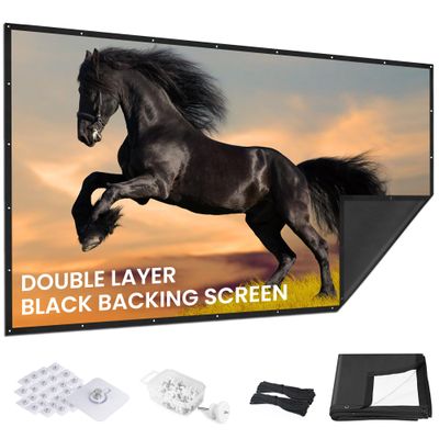 150 inch Projector Screen Upgraded- Black Backing, Straight Edges, Foldable, Washable and Wrinkle-Free - for Indoor Home Theater and Outdoor Cinema -White 16:9 by IOLIEO