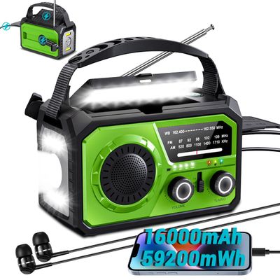 16000mAh/59200mWh Solar Crank Emergency Radio - Wireless NOAA AM/FM Weather Radio with USB-C/Type-C Charging, 3-Light Modes, SOS Alarm, Compass & Power Bank for Camping Survival Outdoor Emergencies