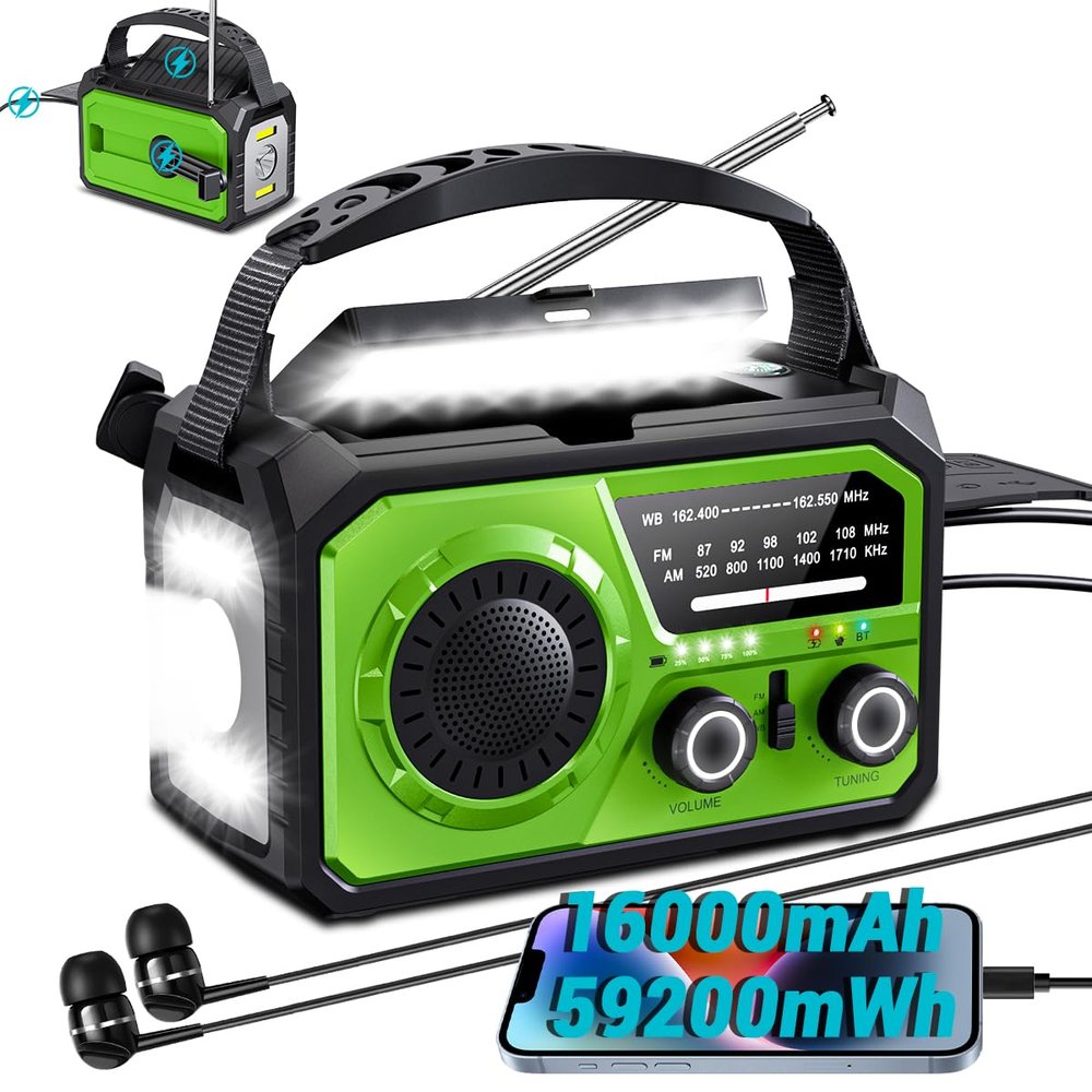 16000mAh/59200mWh Solar Crank Emergency Radio - Wireless NOAA AM/FM Weather Radio with USB-C/Type-C Charging, 3-Light Modes, SOS Alarm, Compass & Power Bank for Camping Survival Outdoor Emergencies