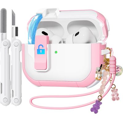 4-in-1 Case for AirPods Pro 2nd Generation Case, Ekoonpft (Secure Lock) Case Cover Compatible with Apple Airpod Pro(2023/2022/2019) Magnetic Lid Lock, with Cleaning kit/Wrist Strap/Keychain,Pink