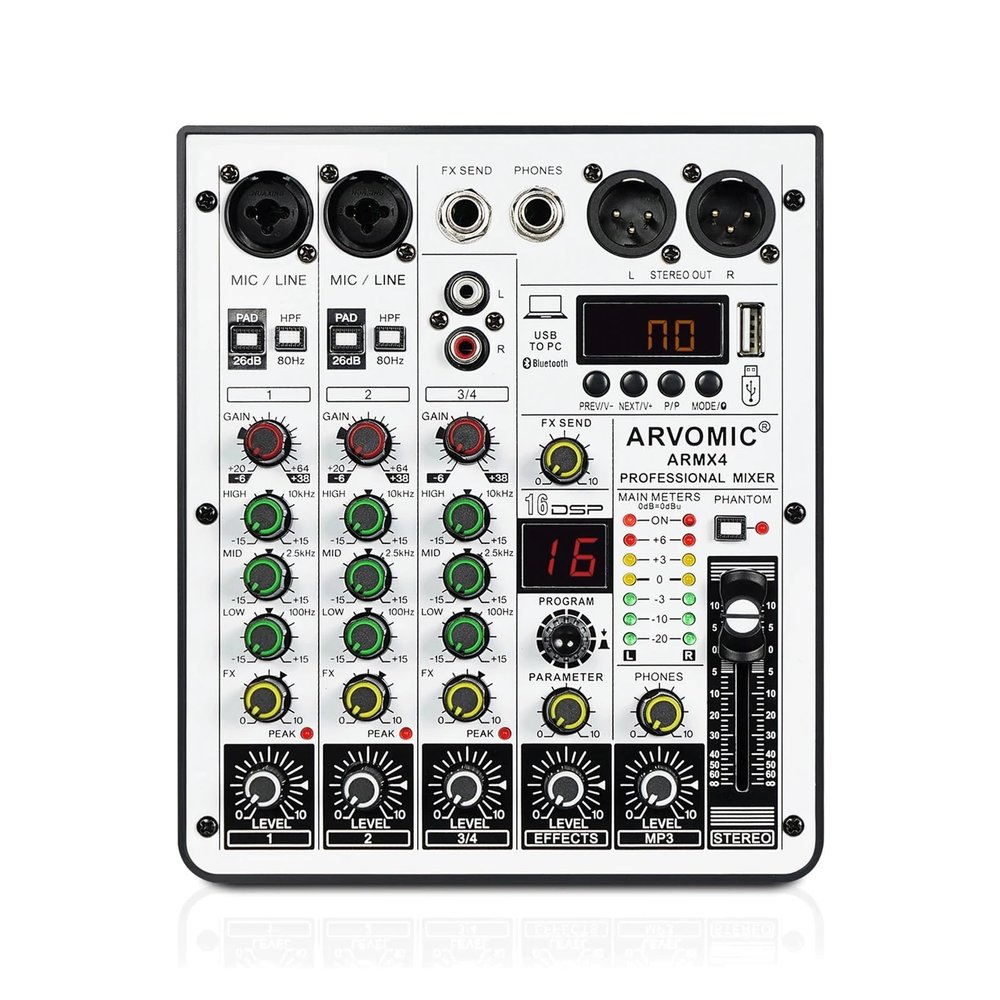 PGNEX 4-Channel Audio Mixer, ARVOMIC DJ Mixer with Audio Interface, Function, 16 DSP Effects, and 3-Band EQ (ARMX-4)