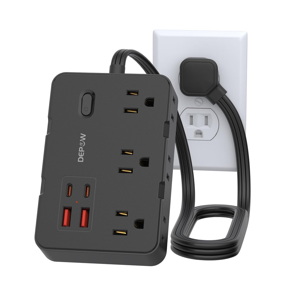 DEPOW Surge Protector Power Strip, 3 FT Extension Cord with 6 AC Outlets 4 USB Ports,1050J Surge Protection, Wall Mountable Charging Station for Office, Home, Black