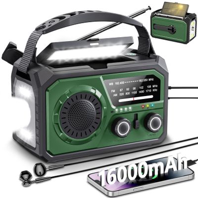 Solar Emergency Crank Radio with 16000mAh Power Bank - NOAA Weather Alert, Hand Dynamo, AM/FM Portable Radio, Bright Flashlight & Phone Charger for Power Outages, Camping, Survival Kits (Dark Green)