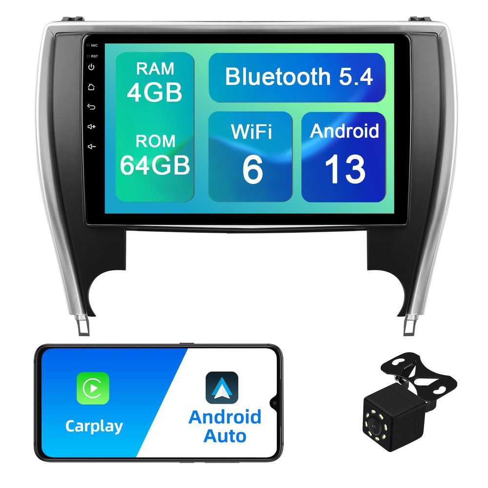 AUMUME 4+64G Android 13 Double Din Car Stereo for Toyota Camry 2015-2017 with 10.1 Inch Touchscreen, Wireless Carplay/Android Auto, GPS, Bluetooth, FM/AUX-in, Steering Wheel Controls, Backup Camera