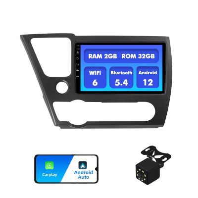 2+32G Android 12 Double Din Car Stereo for Honda Civic 2013-2015 with 9 Inch Touchscreen Radio Built-in Wireless Carplay/Android Auto/GPS/Bluetooth/FM/AUX-in/SWC/Backup Camera (with Air Outlet)