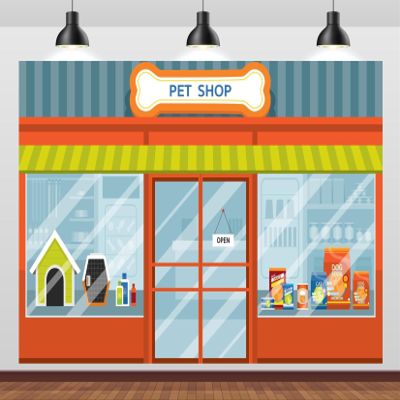 CORFOTO 15x8ft Pet Shop Window Backdrop Cartoon Pet Shop Backdrop Pet Shop Storefront Backdrops Cute Dogs Puppy Store Backdrop Pet Supermarket Photo Pets Photo Booth Props