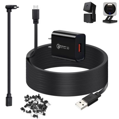 50ft Power Cord for Wyze Cam v4, Wyze Cam Pan v3, Wyze OG, Wyze v3 Pro Security Cameras - 15m Long Flat Extension Micro USB Charging Cable with L-Shaped Short Adapter and 18W Fast Charger, Black