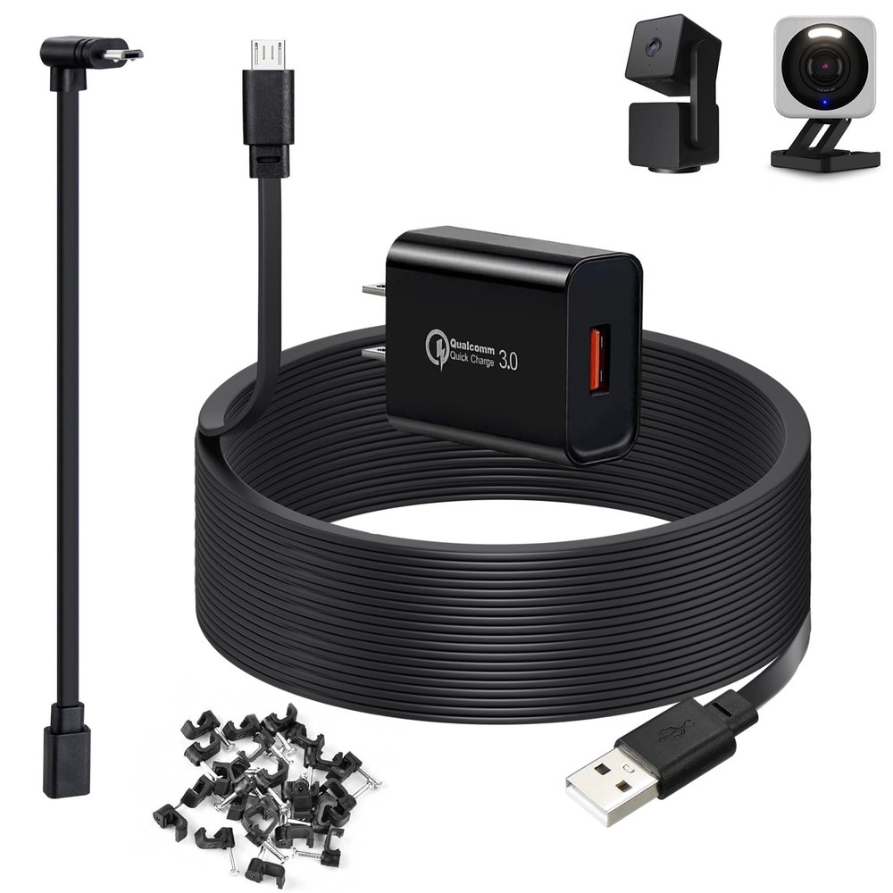 50ft Power Cord for Wyze Cam v4, Wyze Cam Pan v3, Wyze OG, Wyze v3 Pro Security Cameras - 15m Long Flat Extension Micro USB Charging Cable with L-Shaped Short Adapter and 18W Fast Charger, Black