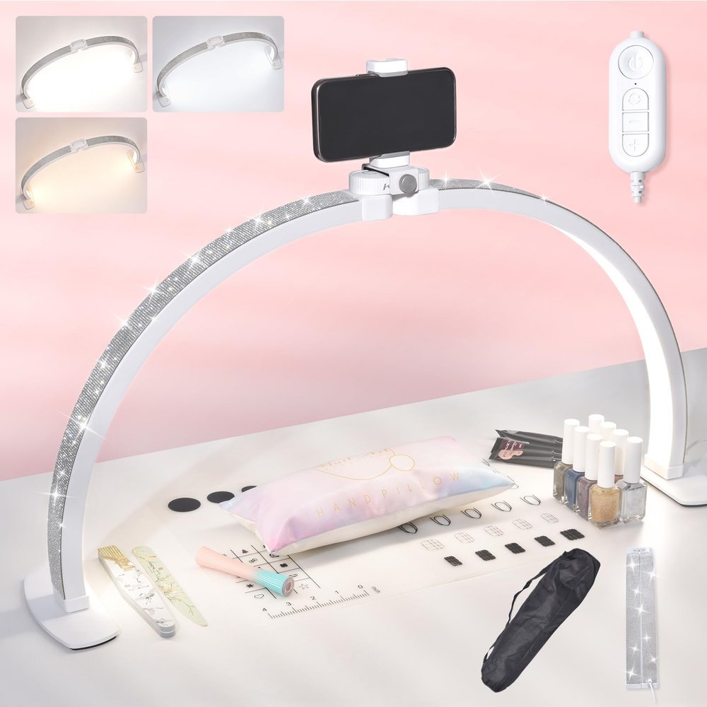 siyuwuro 29IN Foldable Large Half Moon Light with Rhinestones & Phone Holder 3 Lighting Colors 0-100% Adjustable Brightness, 3000-6000K Nail Desk Light for Nail Art, Handicraft, Tattoo, Eyelash