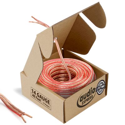 Audio Express 40ft 14-Gauge Stereo Speaker Wire, 12.19m, 2 Conductor, Polarity Marked, Clear PVC, CCA, Coil in Box, Home Theater, HiFi, Surround, Car Audio, 117 High Strand Count (.15 OD)