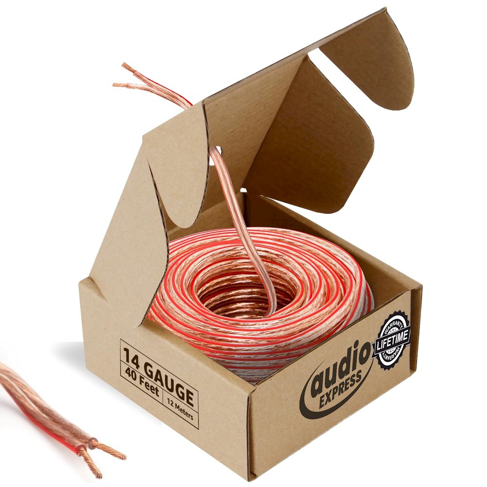Audio Express 40ft 14-Gauge Stereo Speaker Wire, 12.19m, 2 Conductor, Polarity Marked, Clear PVC, CCA, Coil in Box, Home Theater, HiFi, Surround, Car Audio, 117 High Strand Count (.15 OD)